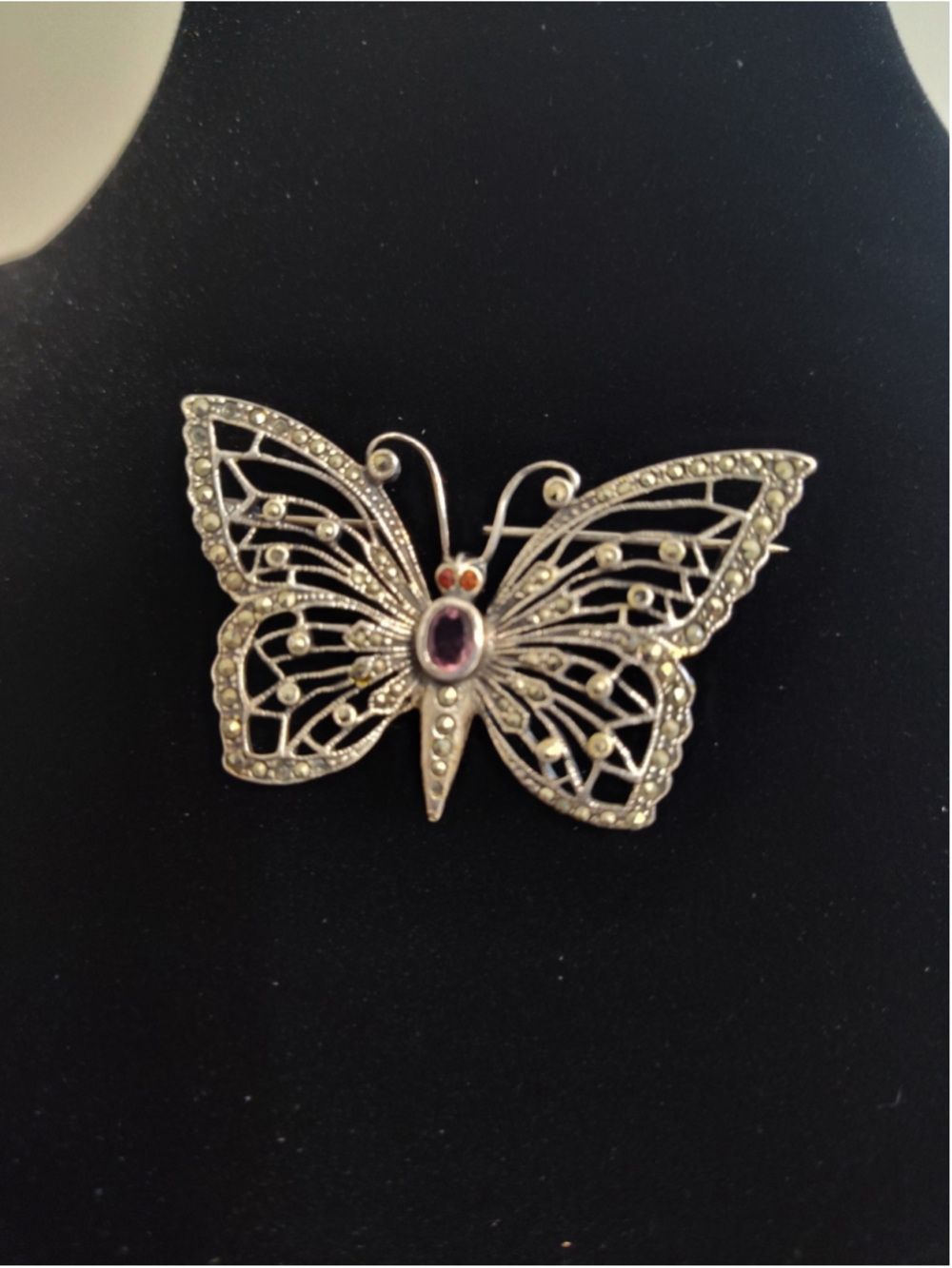 Women's Vintage Sterling Silver Butterfly Brooch with Marcasite and Amethyst